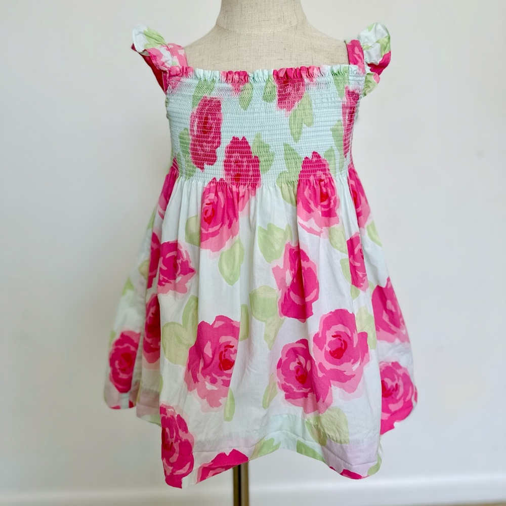 Janie and Jack Floral aqua Pink and Green smocked Dress ruffle